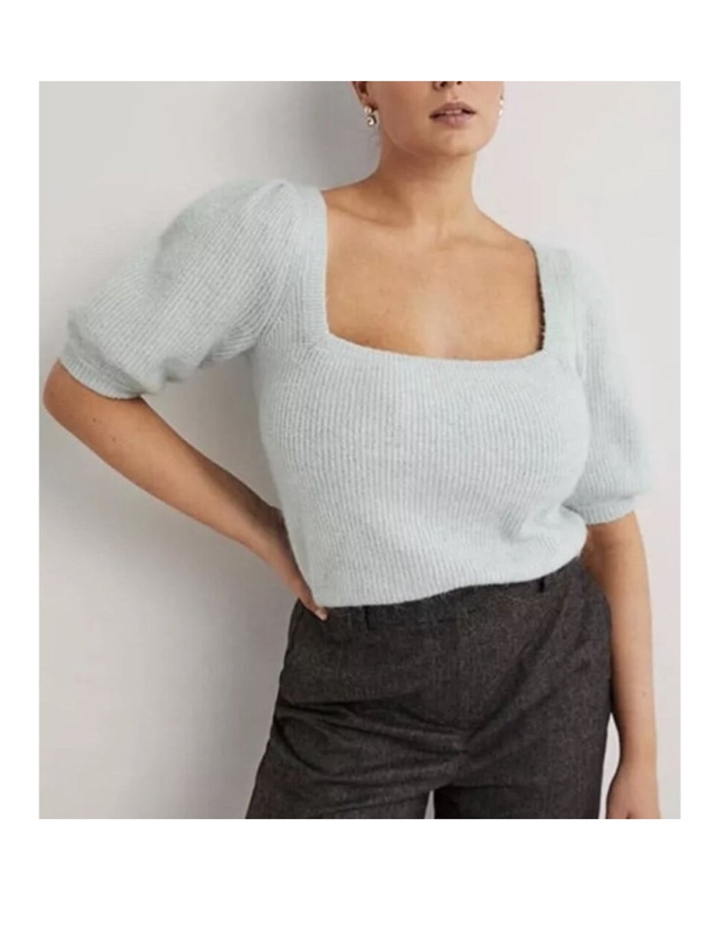 Boden Square Neck Baby Blue Wool Puff Sleeve Sweater Size Small